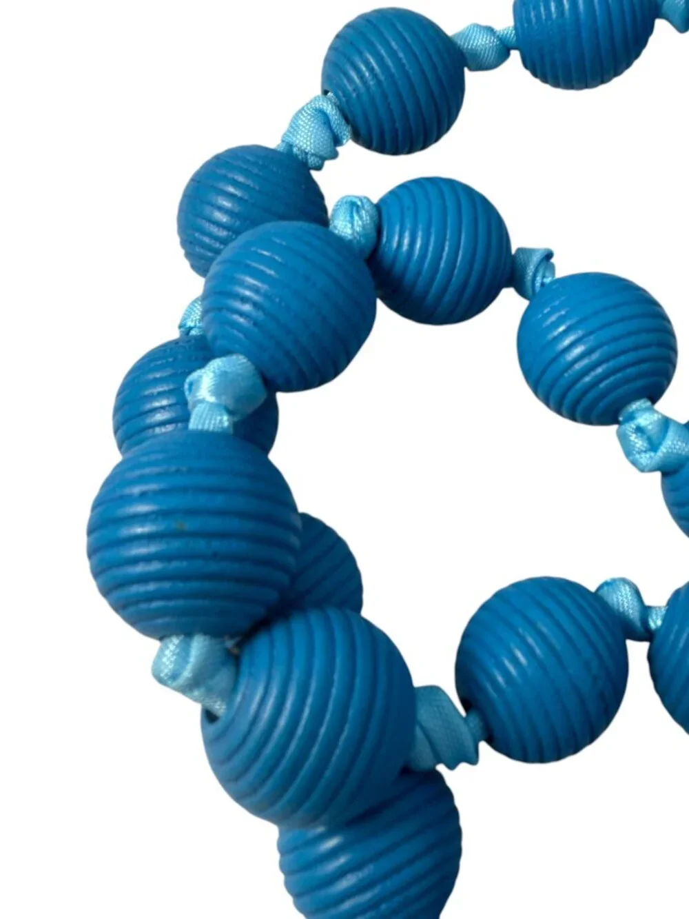 Blue Ribbed Bead Gumball Statement Necklace Satin Ribbon Tie Chunky Boho